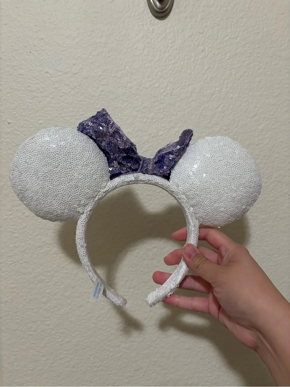 Sequin Heart Minnie Ear Headband in White and Purple